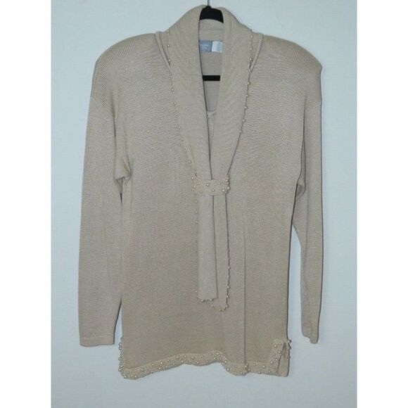 Marisa‎ Christina Collection Sweater Tunic Beige Oatmeal Pearl Trim Size Large - Picture 9 of 11